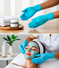 Gloved hands applying green clay mask to woman&rsquo;s face during treatment  