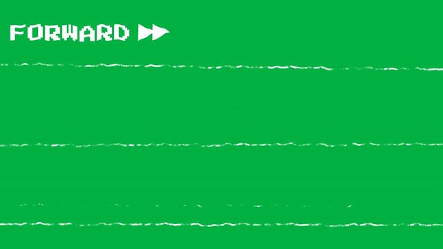 Retro VCR Forward Text Overlay on Green Screen. Pixelated Forward Button with Glitch Lines. Pixelated Forward Button with Glitch Lines.