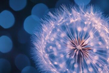 Close-up image of a dandelion seed head in focus with bokeh background.