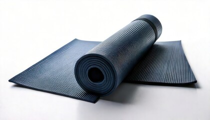 Rolled-up blue yoga mat on a white surface, ready for exercise and fitness activities.