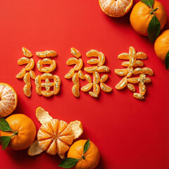 Lunar New Year Typography Fu Lu Shou Made of Orange Segments on Red