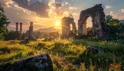 Ancient Ruins at Sunset - A Serene Landscape of History and Nature.