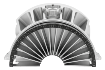 Aluminum mechanical turbine housing with cooling fins and gasket on a transparent background