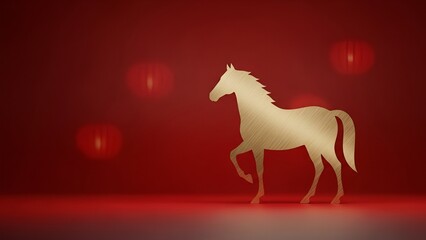 Golden Horse Silhouette on Red Background with Light Flares.