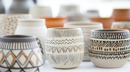 Earthenware vessel featuring monochrome tribal geometric patterns, highlighting traditional ceramic artistry with intricate decorative design