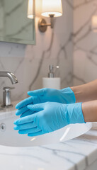 Gloved hands preparing clay mask in modern bathroom sink  