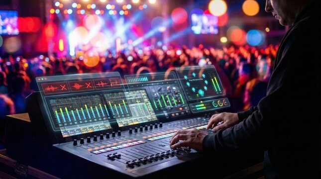 DJ live performance at a crowded concert with a digital mixing console and vibrant stage lighting