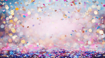 Festive colorful confetti background with soft bokeh lights and empty copy space