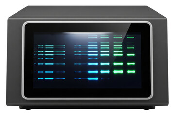 Digital audio spectrum analyzer display with blue and green bars on a transparent background