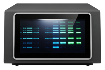 Digital audio spectrum analyzer display with blue and green bars on a transparent background