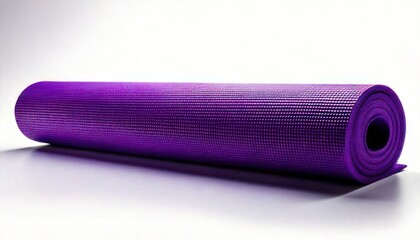 Rolled-up Purple Yoga Mat on White Surface - Fitness and Exercise Equipment.