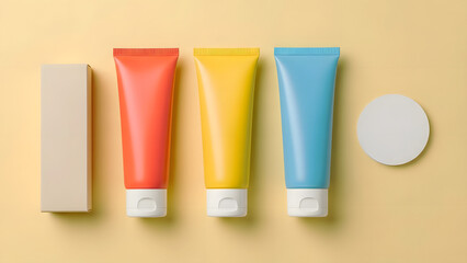 Colorful Cosmetic Tube Packaging Mockup with Skincare Cream Containers.