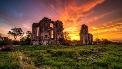 Dramatic Sunset Over the Ruins of a Medieval Castle.