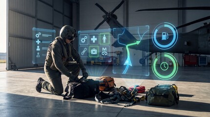 Rescue technician in hangar using augmented reality data displays