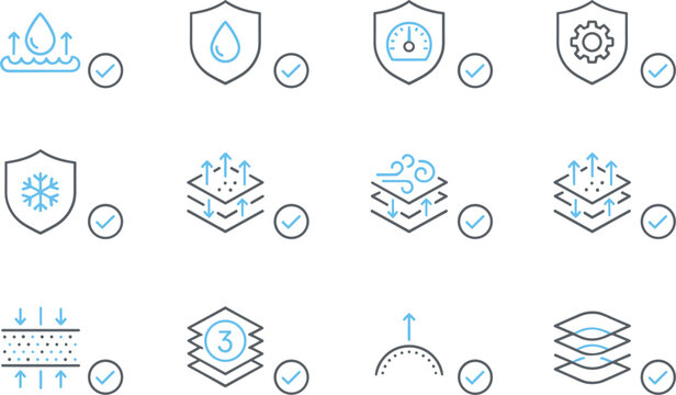 Protection technology icon set with waterproof breathable windproof and multi-layer fabric symbols for outdoor apparel and industrial textile.