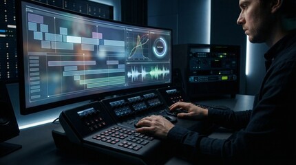 Tech professional monitors large video displays at a high tech control console in a dark blue lit server room