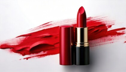Vibrant Red Lipstick with Smear on White Background - Beauty and Cosmetics Concept.