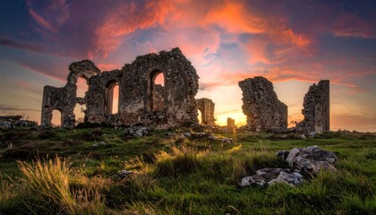 Dramatic Sunset Over the Ruins of Dunstanburgh Castle, Northumberland.