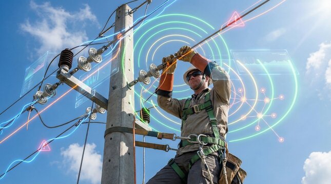 Power line worker on utility pole performing maintenance with safety gear and holographic augmented reality overlays