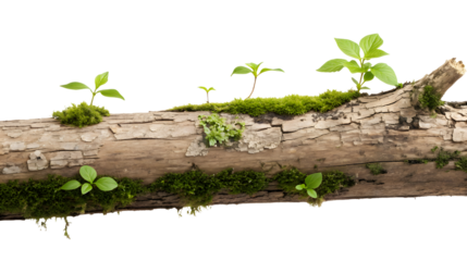 A wooden tree limb with green fresh moss isolated on a white or transparent background.