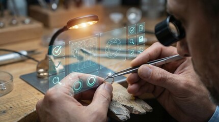 Jeweler at a workshop examining jewelry with a loupe and precision tools, amid a holographic interface