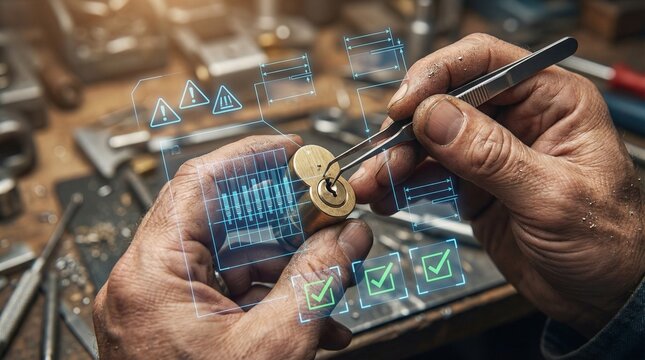 Close up of hands using tools on a lock with futuristic holographic user interface overlays