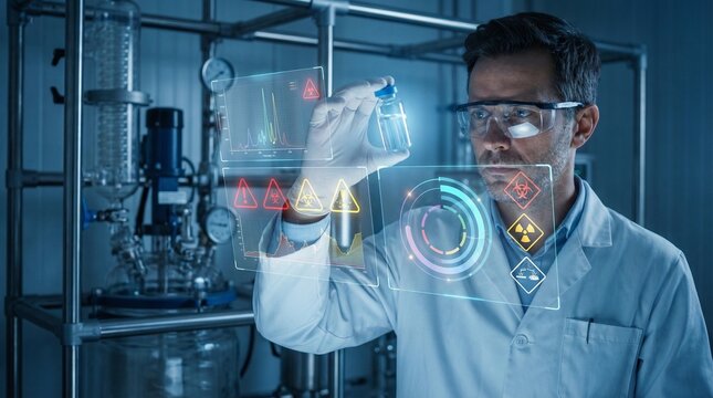 Scientist in laboratory interacting with holographic interface and digital data - Powered by Adobe