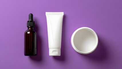 Cosmetic Skincare Packaging Mockup with Dropper Bottle, Cream Tube and Jar on Purple Background.