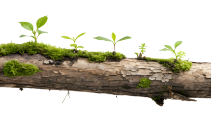 A wooden tree limb with green fresh moss isolated on a white or transparent background.