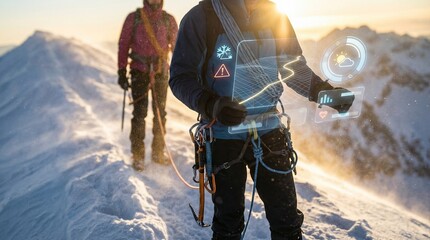 Climbers on a snowy alpine ridge with futuristic augmented reality HUD at sunrise