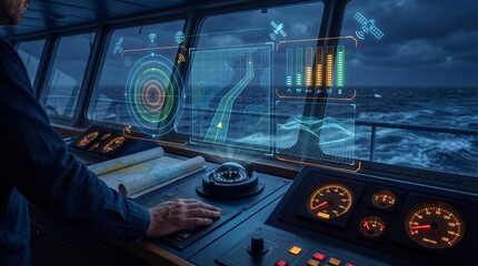 Futuristic ship bridge featuring holographic navigation displays and advanced control panels at sea