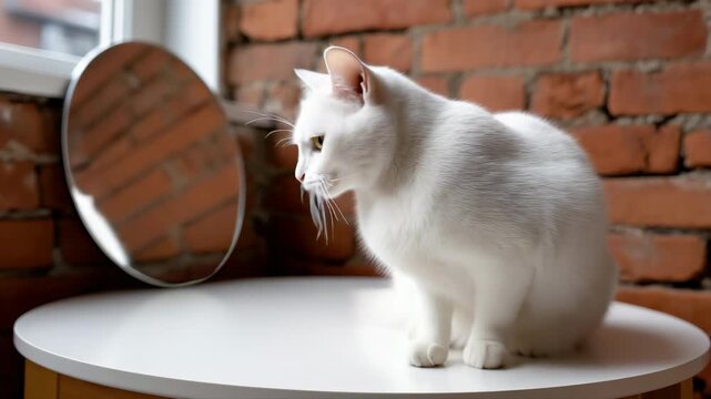 Curious white cat exploring curved surface by brick wall with reflection