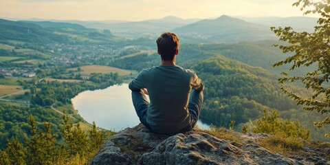 Male individual practicing yoga in tranquil natural setting with panoramic view
