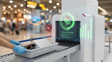 Fototapeta premium Modern airport security checkpoint with xray scanner and holographic interface
