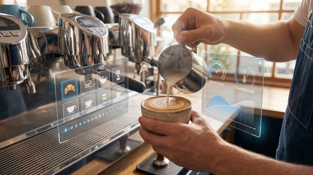 Barista pours milk into a latte at a cafe with stainless espresso machines and digital overlays
