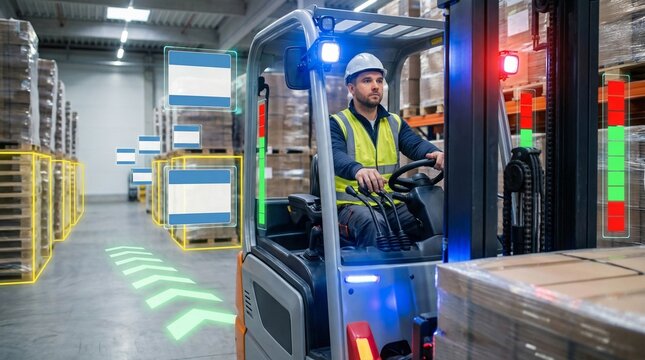 Warehouse forklift operator moving pallets in storage facility