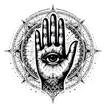 Hand drawn line art illustration of a hamsa hand with an all-seeing eye depicting mystical protection for spiritual and esoteric themes