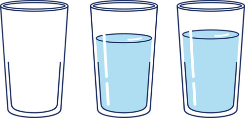 Set of three drinking water glasses showing empty half full and full levels for hydration health and wellness. © pappa