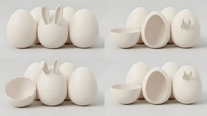 Minimalist Easter Egg Mockup with Bunny Ears and Cracked Shells in Soft Neutral Tones.