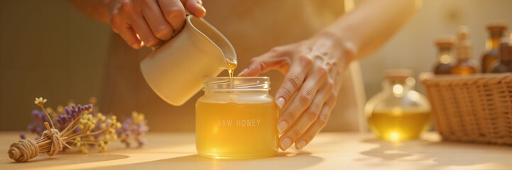Hands pouring honey into glass jar on wooden table with herbs  