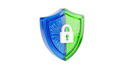 Blue and green shield with white lock and circuit board on transparent background isolated on a transparent background