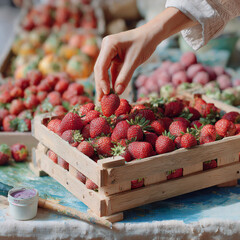 Fresh strawberries being carefully selected at a lively farmers market during spring morning