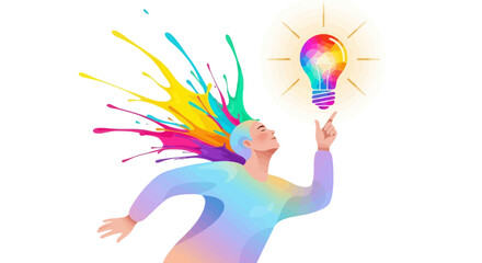 A person with colorful hair reaching up to a rainbow light bulb with a bright idea with creative and inspiration and innovation and imagination