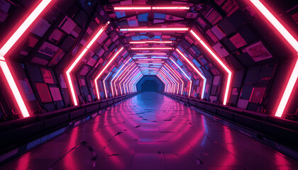 Vibrant neon lit tunnel with futuristic pink and blue lights