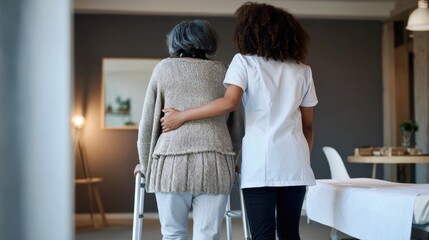 Elderly woman using walker with assistance from physical therapist. Gait training and balance rehabilitation in healthcare facility. Senior recovery, physiotherapy, mobility support