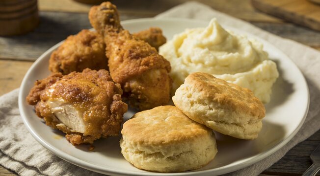 Crispy Fried Chicken with Biscuits and Potato Mash