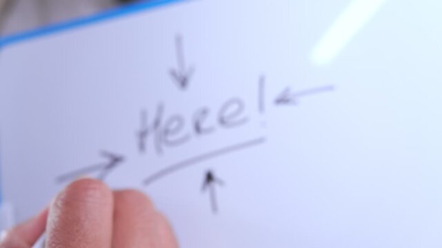 Person's hand drawing arrows pointing to the word here written with a marker on a whiteboard
