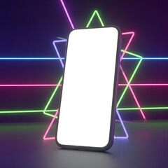 Neon Geometric Smartphone Mockup with Blank Screen and Glowing Lines.