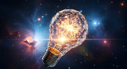Glowing light bulb in space with cosmic background.