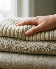 Close-up of hand touching a stack of soft, cozy knitted wool sweaters near a window.
